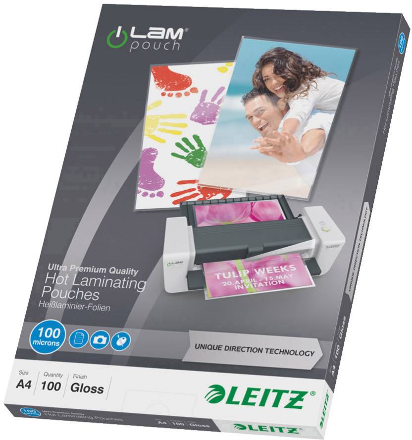 Obal pro laminovací fólie, formát A4, 100 kusů, lesklý, zobrazuje ruku, usmívající se pár a zalaminovanou fotografii na laminovacím zařízení.