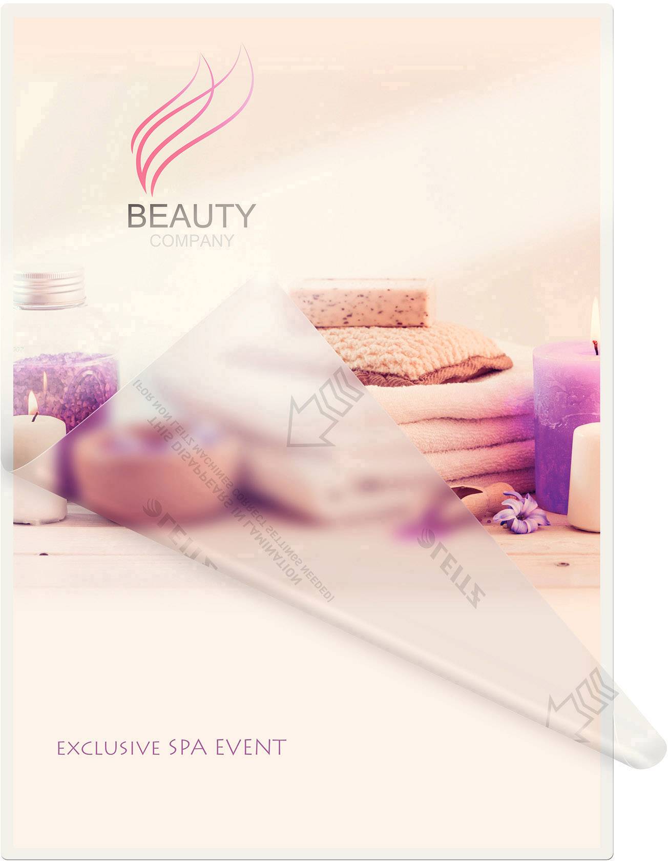 Pozvánka na exkluzivní spa event s hořícími svícemi, ručníky a mýdly v pozadí. Nápis nahoře: 'BEAUTY COMPANY'.