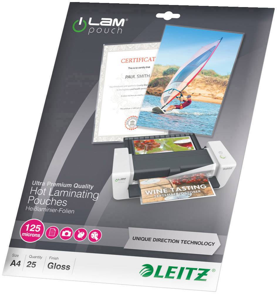 Titulní obrázek obalu laminovacích fólií značky Leitz. Zobrazuje certifikát a fotografii plachetnice, zalaminovanou v lesklém provedení.