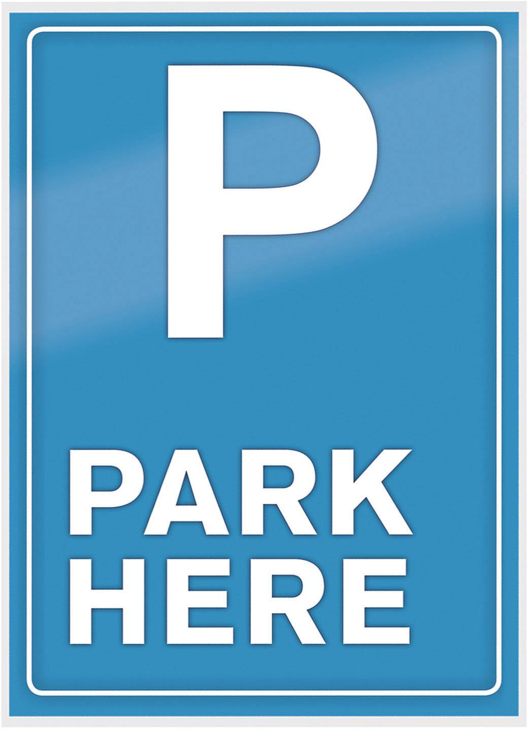 Modrá cedule s velkým bílým písmenem 'P' a textem 'PARK ZDE' označující parkoviště.