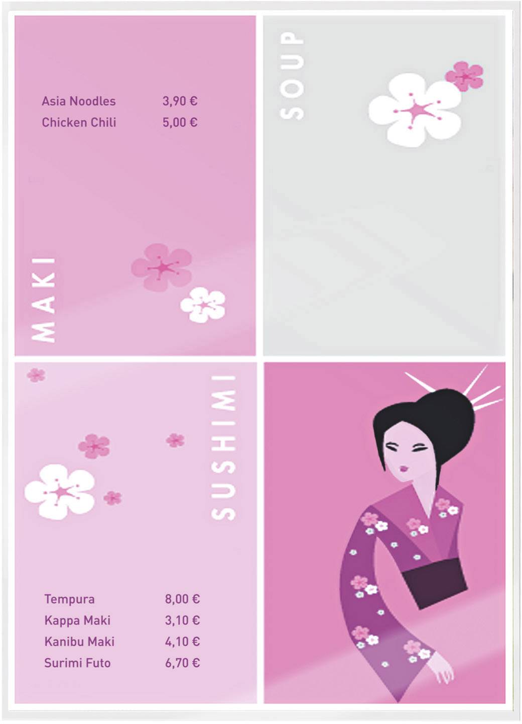 Jídelní lístek s asijskými pokrmy: Maki, Sushi, Polévky. Ceny v eurech: Asijské nudle 3,90, Kuřecí chili 5,00, Tempura 8,00.