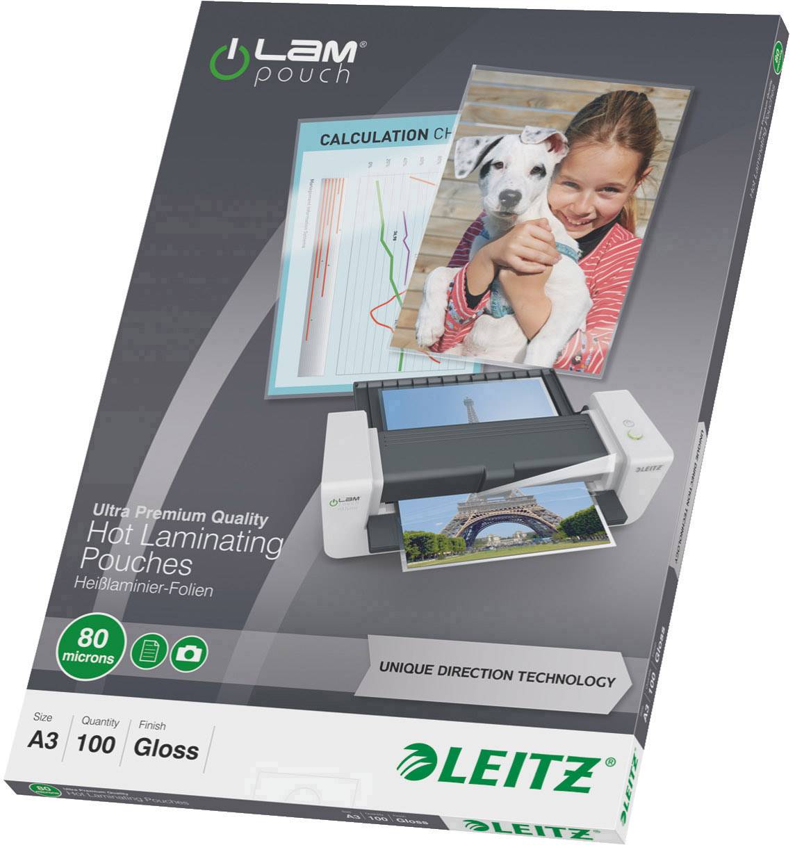 Obal pro laminovací fólie Leitz, velikost A3, lesklý, 80 mikronů, s obrázky psa, dívky a Eiffelovy věže.