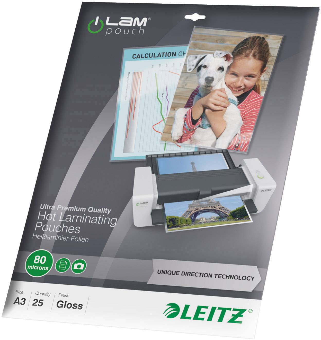 Obal 'Leitz Laminiertaschen' zobrazuje dítě se psem, grafiku a obrázek Eiffelovy věže ve formátu A3. Včetně 'Hot Laminating Pouches'.