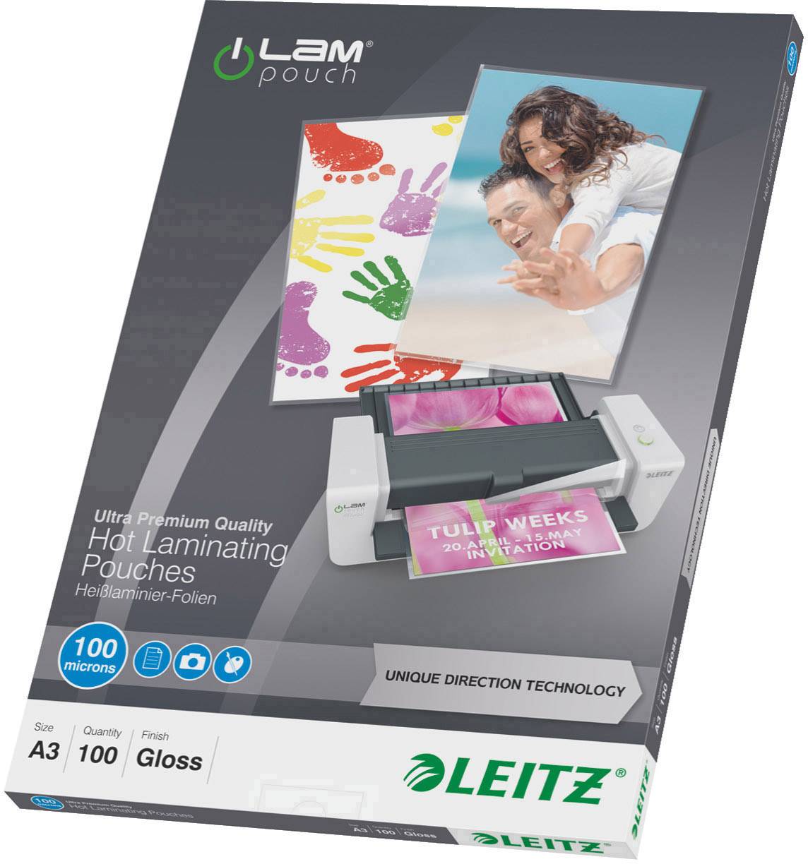 Obal 'LEITZ Laminovací fólie'. Dva obrázky: smějící se pár a dětské otisky rukou. Produkt pro tepelnou laminaci, velikost A3, 100 kusů, lesklý, 100 mikronů.