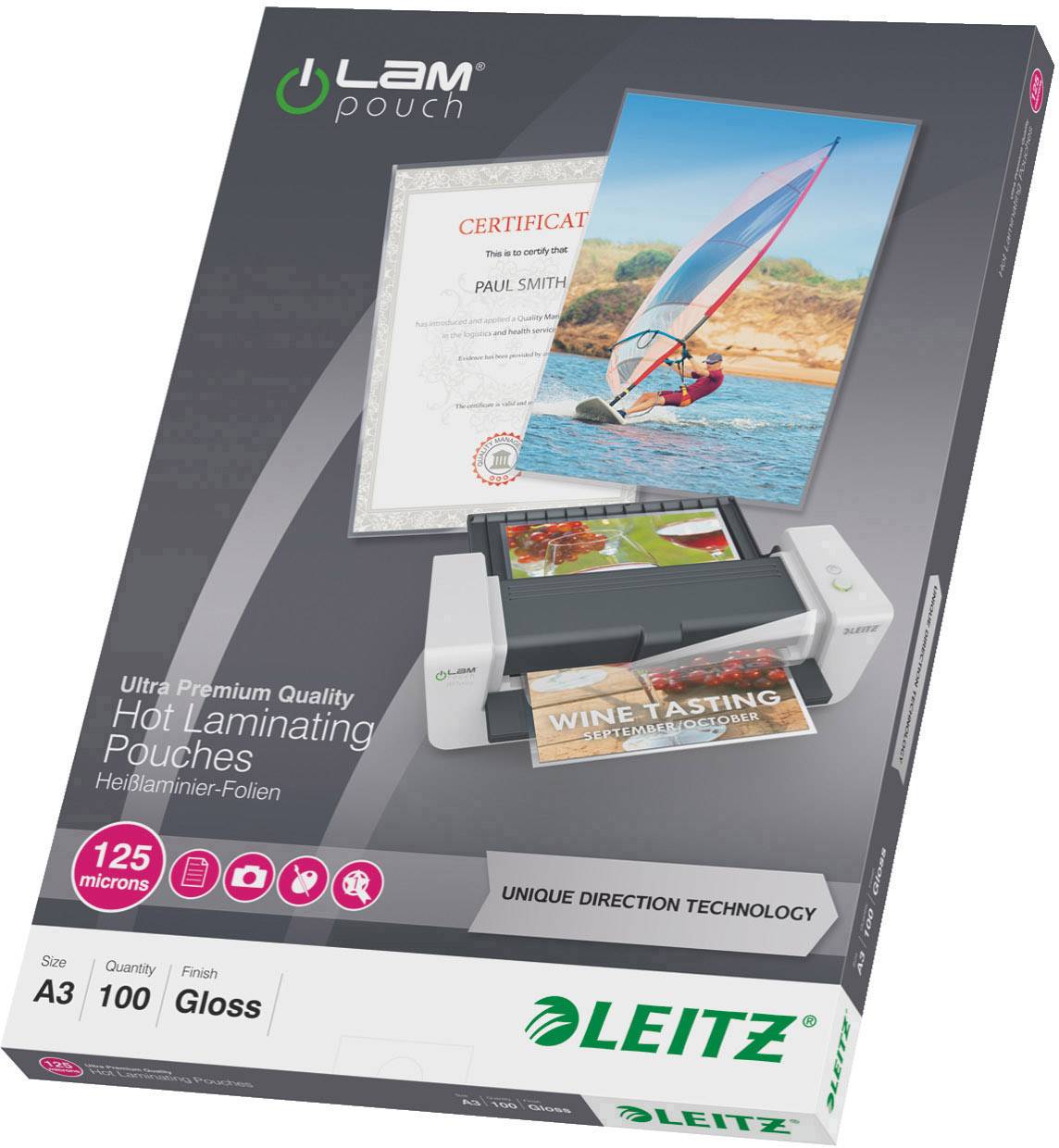 Obal pro laminovací fólie od společnosti Leitz. Zobrazuje laminovací stroj s procházejícím listem. Nápis: 'Ultra Premium Quality'.