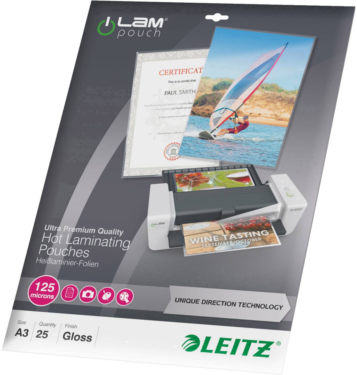 Laminovací fólie Leitz A3, 25 kusů, lesklé, 125 mikronů, vhodné pro fotografie a certifikáty. Technologie s jedinečným zaměřením.
