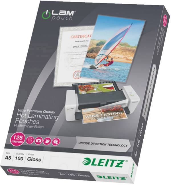 Obal pro laminovací fólie Leitz, 125 mikrometrů, velikost A5, lesklé. Obsahuje obrázky laminovaných dokumentů.