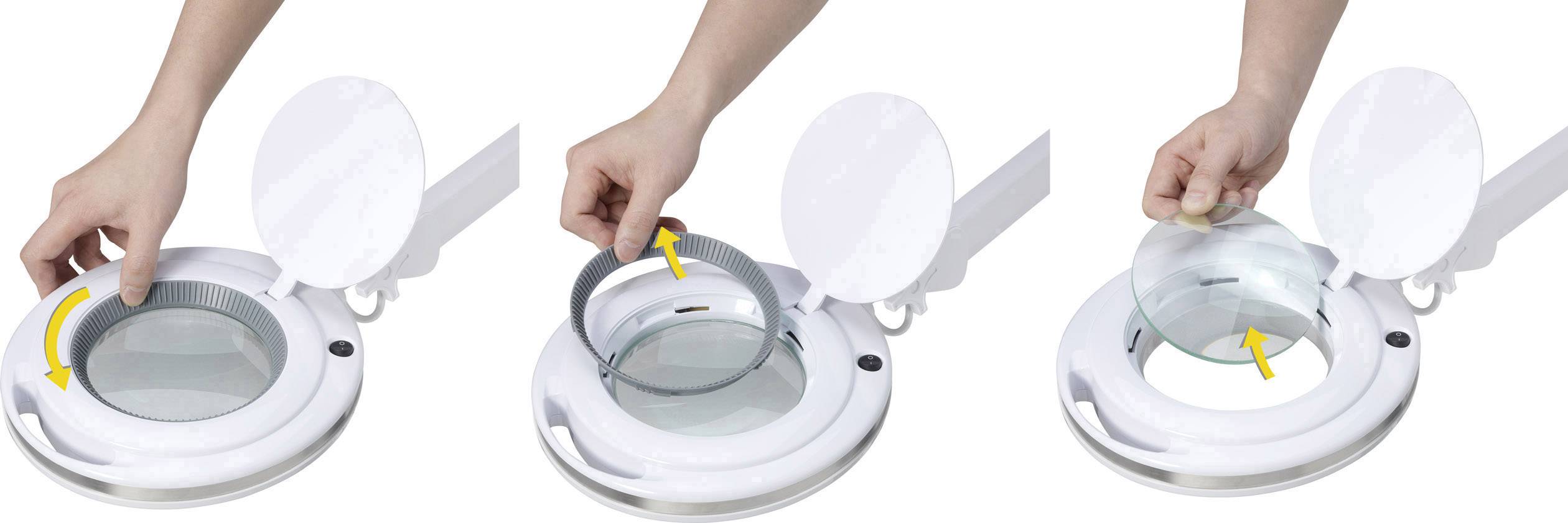 Tři obrázky ukazují postup vkládání filtru do lampy. Nejprve se filtr zvedne, poté vloží a nakonec upevní.