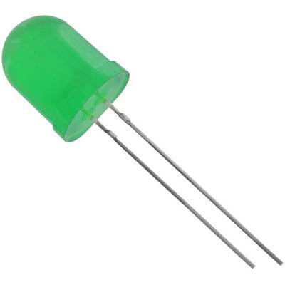 Zelená LED se dvěma stříbrnými připojovacími vývody, která se používá v elektrických obvodech.