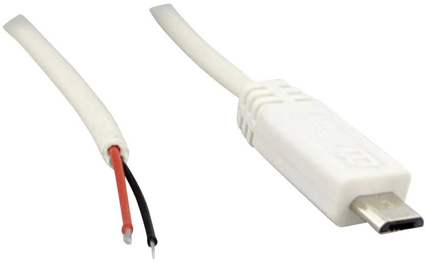 Bílý USB kabel s částečně odstraněným pláštěm odhaluje červené a černé vodiče vedle neporušeného USB konektoru.