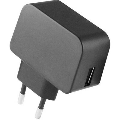 Černá USB nástěnná nabíječka se dvěma eurozástrčkami a USB portem na straně. Vhodná pro nabíjení elektronických zařízení.