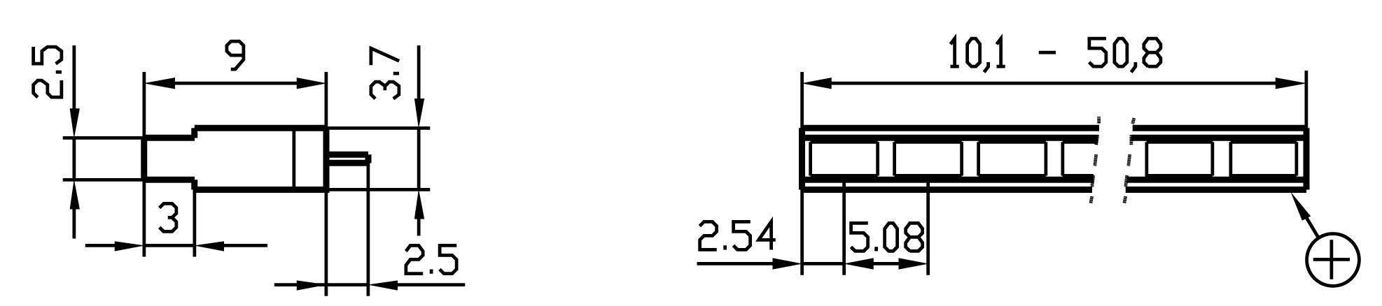 Technický výkres konektoru s rozměry: šířka 2,5 mm, délka 9 mm. Detailní pohled ukazuje stranu od 10,1 do 50,8 mm.