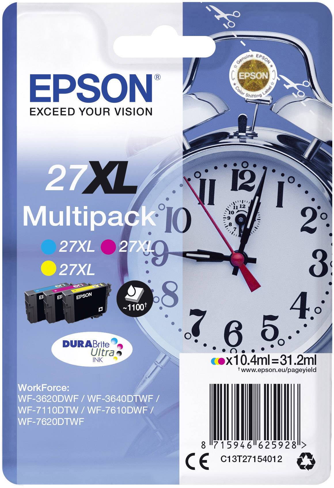 Balení inkoustové cartridge od Epsonu pro tiskárnu s velkým budíkem v pozadí. Obsahuje '27XL' a 'Včetně černého inkoustu'.