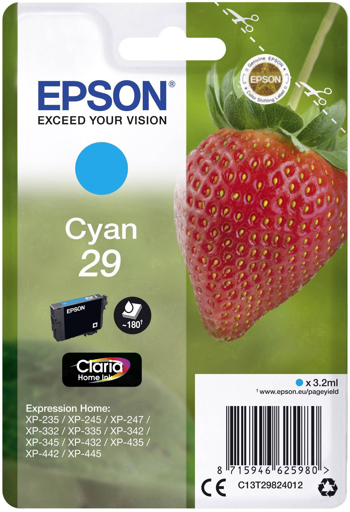 Inkoustová kazeta Epson, barva azurová 29, zobrazující červenou jahodu a logo Epson. Kompatibilní s tiskárnami řady Expression Home.