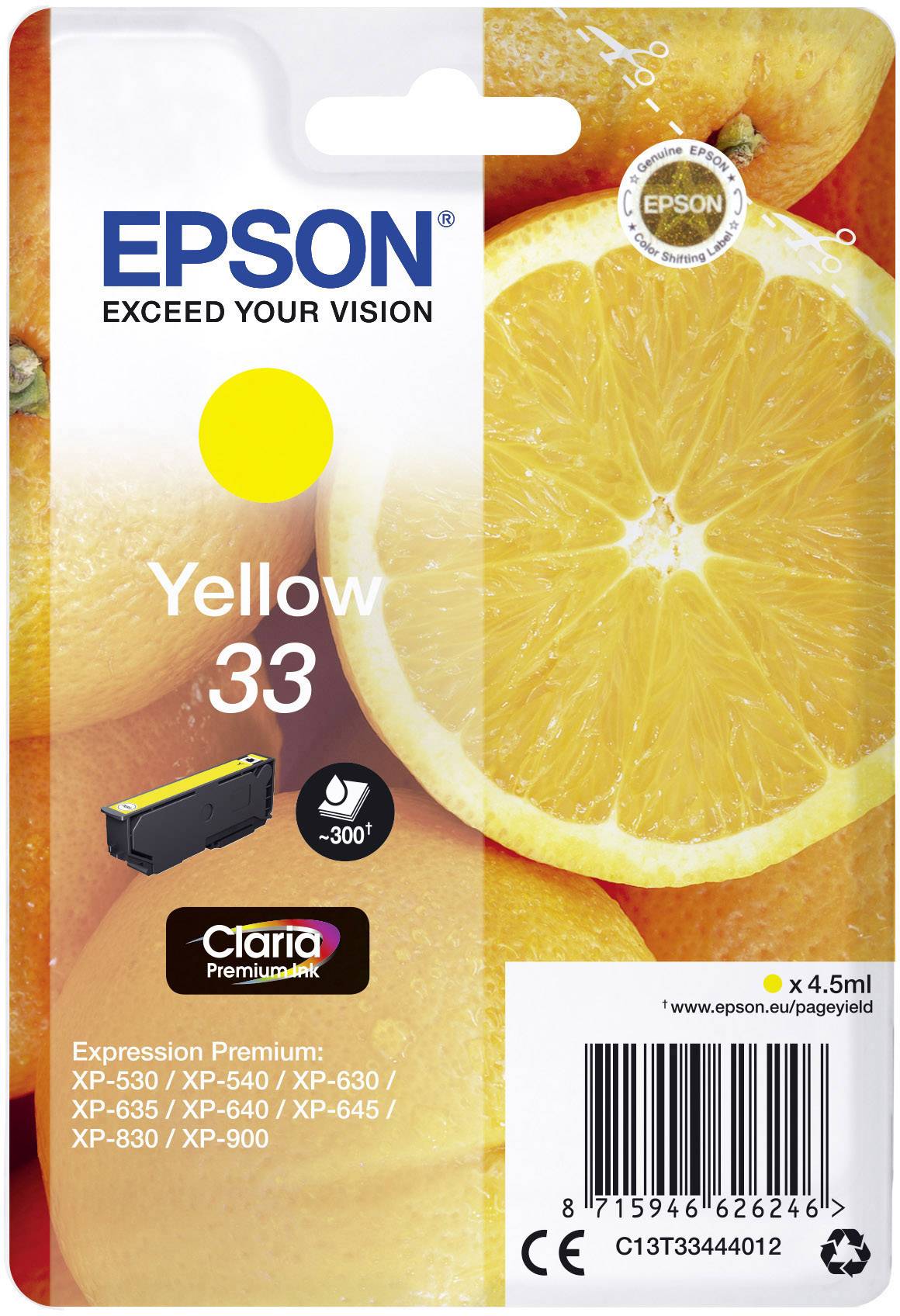 Epson Žlutá inkoustová cartridge 33 v obalu s oranžovou grafikou. Kompatibilní s tiskárnami XP-530, XP-540, XP-630, XP-635, XP-640, XP-645, XP-830, XP-900.