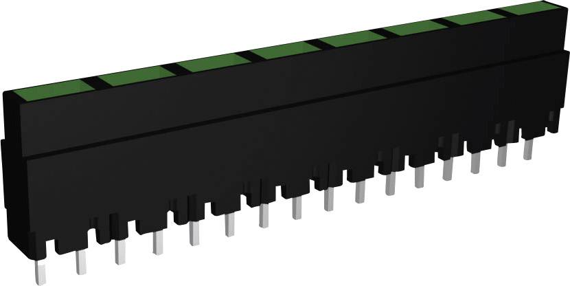 Černý elektronický konektor s několika kovovými kolíky na spodní straně, určený pro použití v elektronických zařízeních.