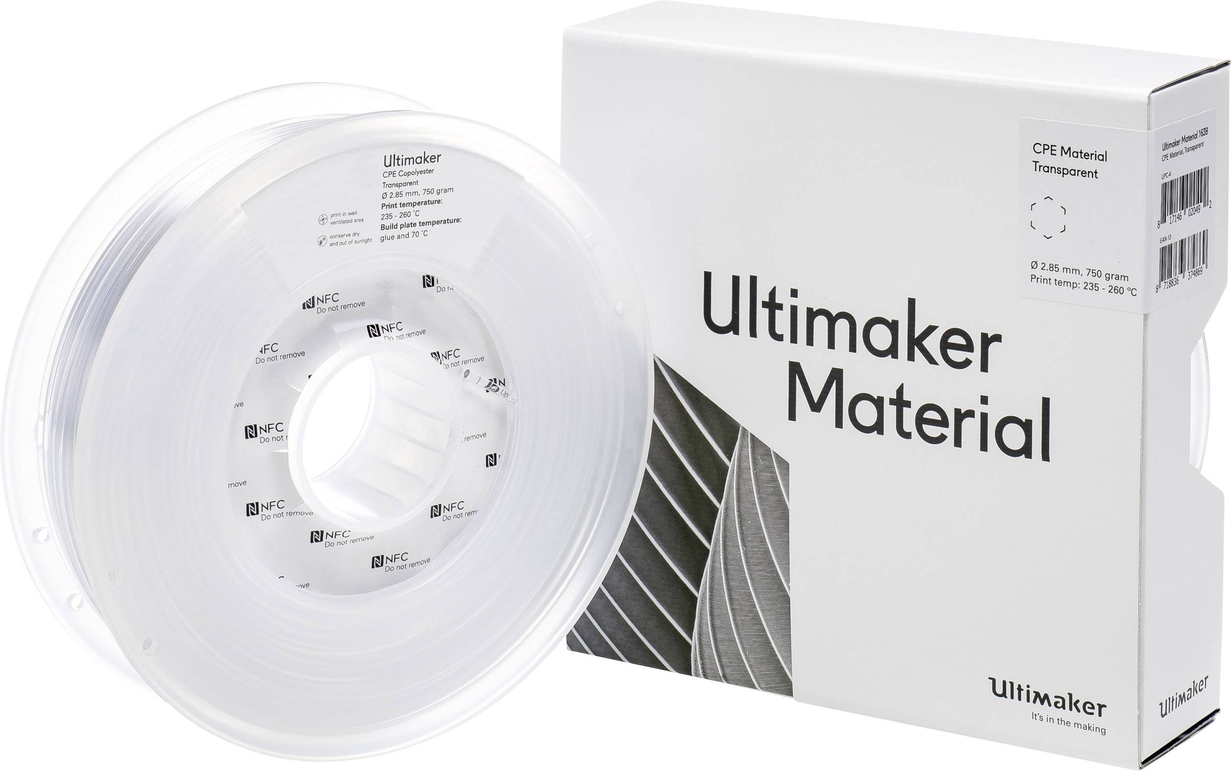 UltiMaker CPE - M0188 Transparent 750 - 201273 vlákno pro 3D tiskárny CPE 2.85 mm 750 g transparentní 1 ks