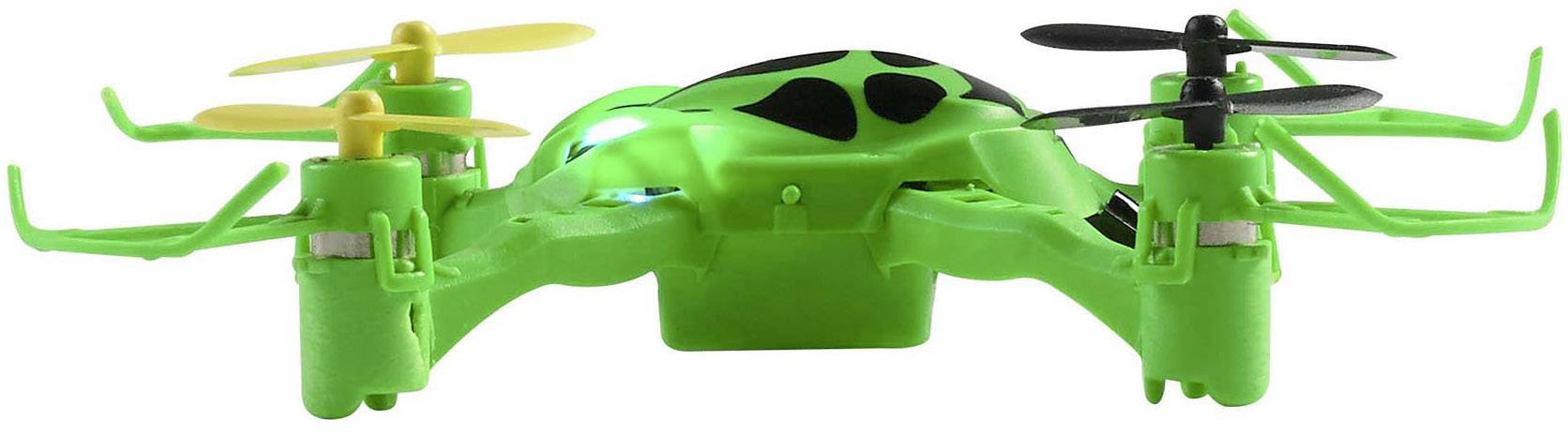 Zelená hračkářská dron ve tvaru brouka se žlutými a černými vrtulemi, pohled zepředu. Vhodné pro děti.