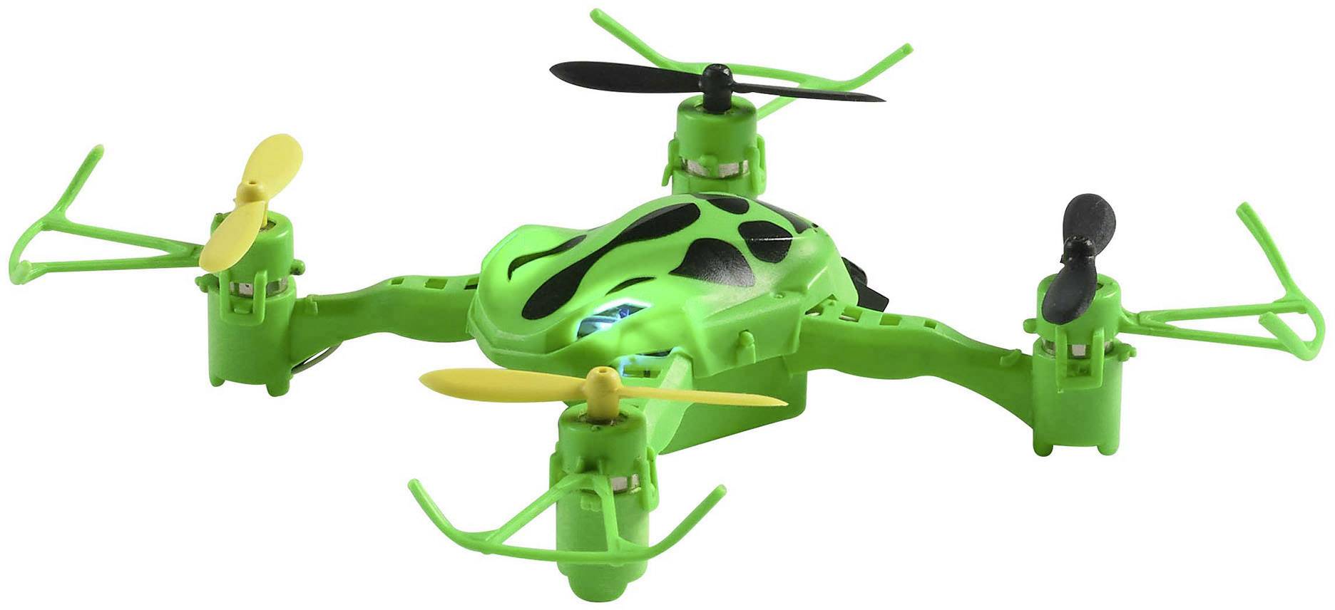 Zelená hračkářská dron se čtyřmi vrtulemi, dvěma žlutými a dvěma černými, letí ve vzduchu.