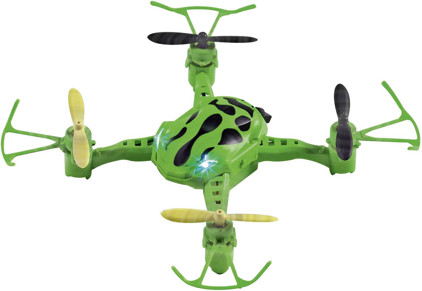 Zelený dron se čtyřmi vrtulemi v různých barvách, pohled zepředu. Dron má zvířecí vzory a svítící světla.