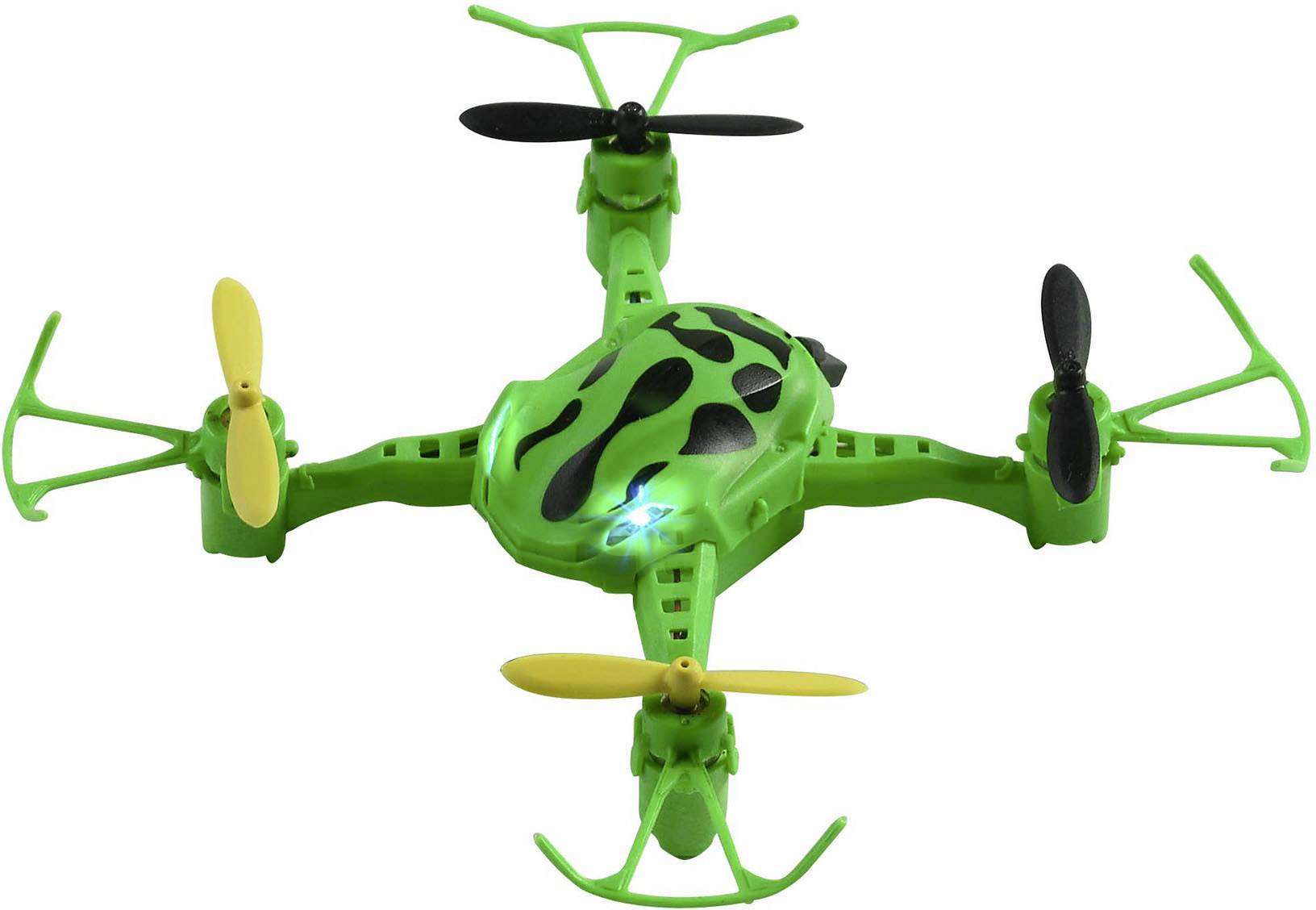Zelená dron s žlutými a černými vrtulemi je zobrazena na bílém pozadí.