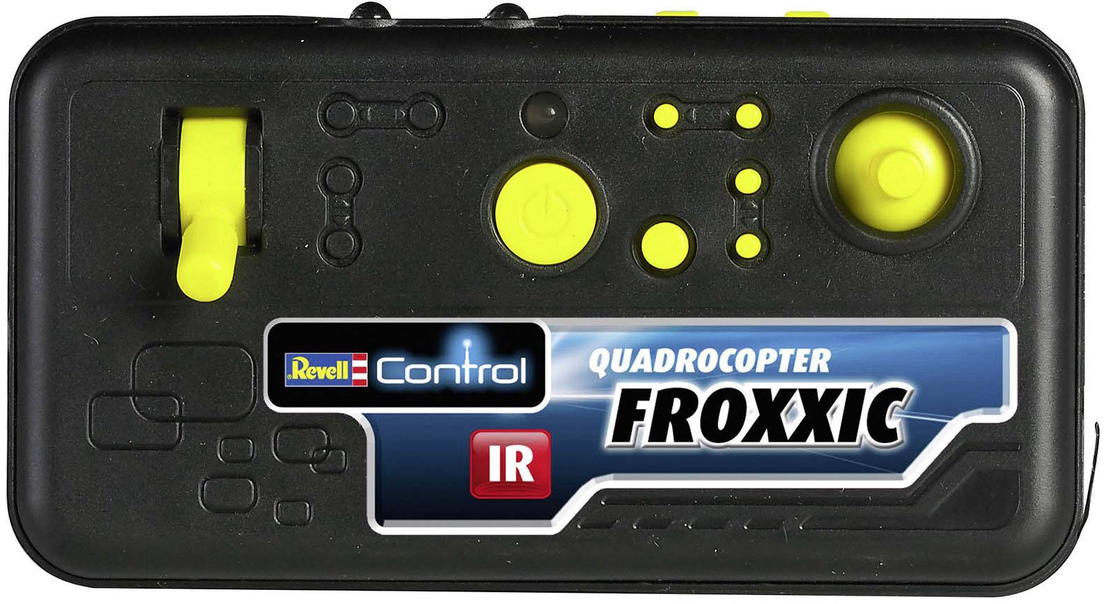 Černý ruční ovladač se žlutými tlačítky a pákami, označený nápisem 'Revell Control QUADROCOPTER FROXXIC IR'.
