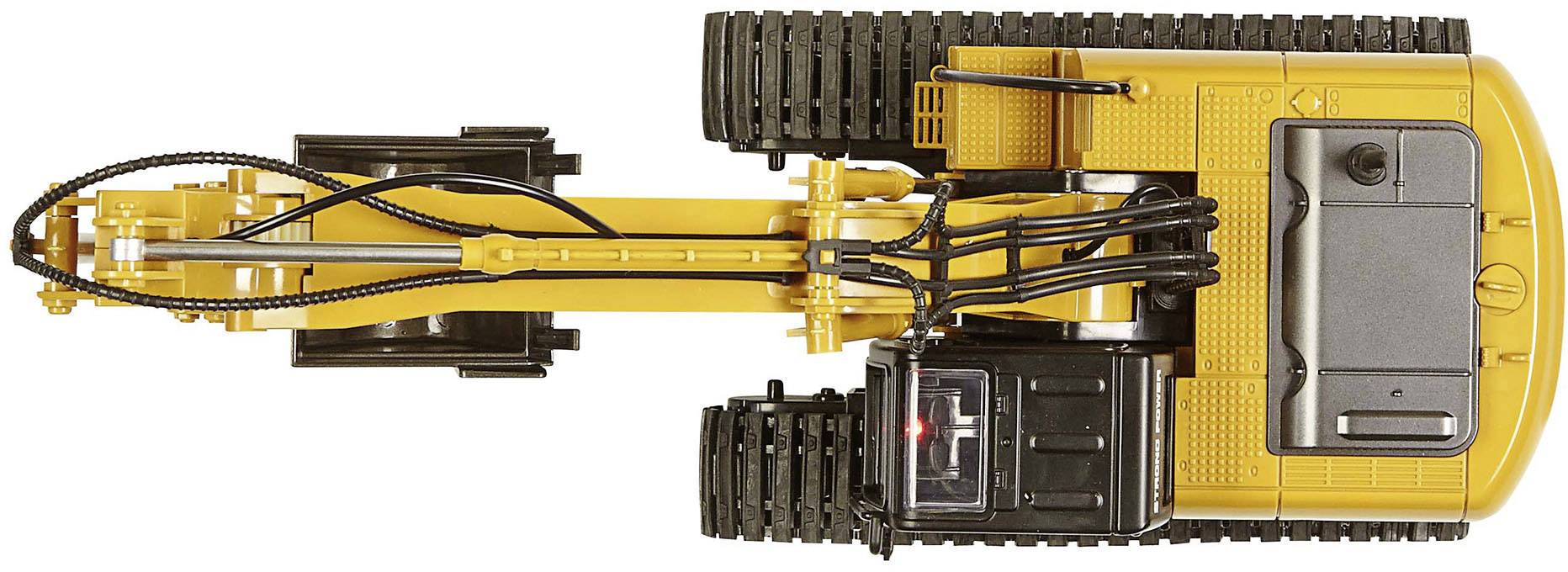 Žlutý bagr pohledem shora, zobrazující detail pásů a hydraulické ruky.