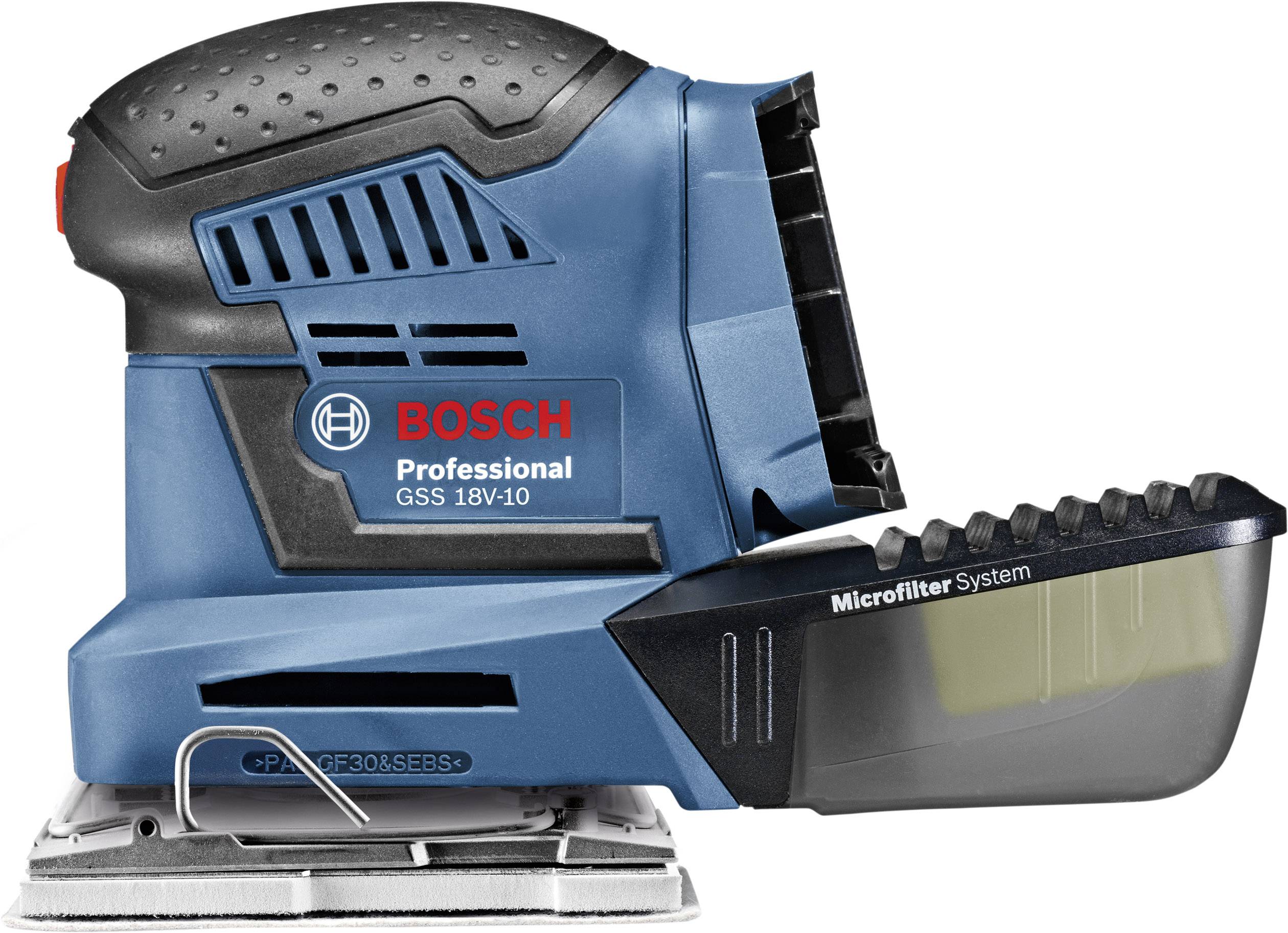 Modrá akumulátorová excentrická bruska Bosch Professional GSS 18V-10 s černou rukojetí, mikrofiltrační systém a červeným logem.