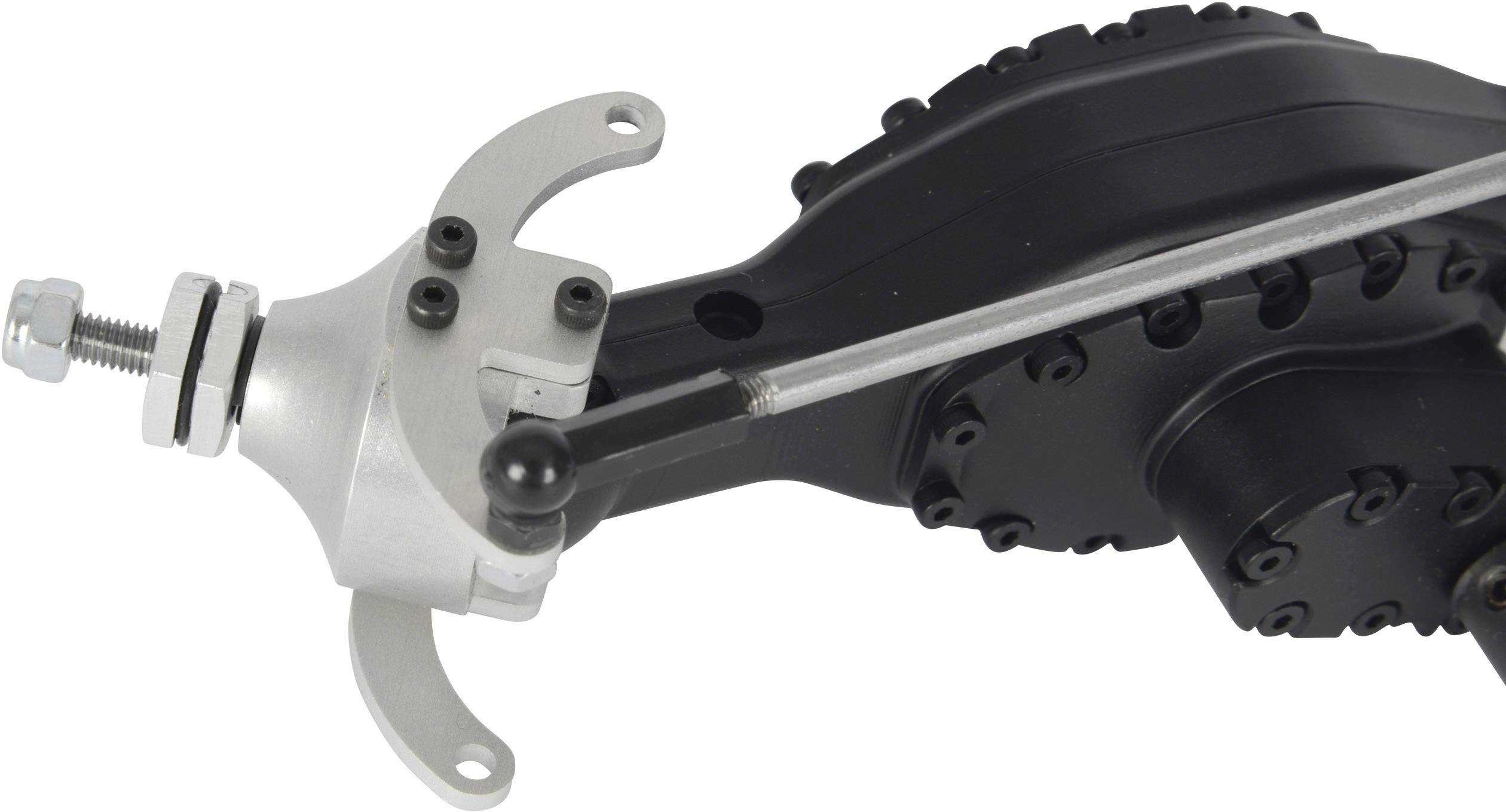 Cyklistický nábojový přehazovací díl s pákou a propojovacími prvky, vyrobený z kovu a plastu, zobrazuje technické detaily mechanismu.