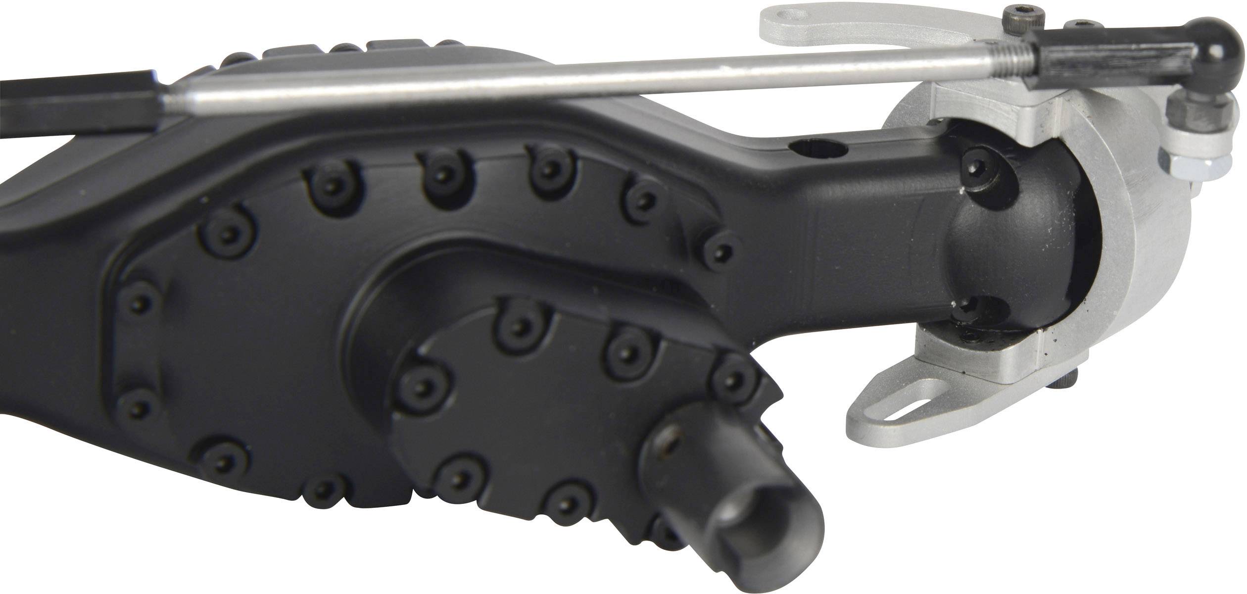 Detail mechanické součástky z černého kovu se šrouby a pákami. Klíčový prvek většího technického systému.