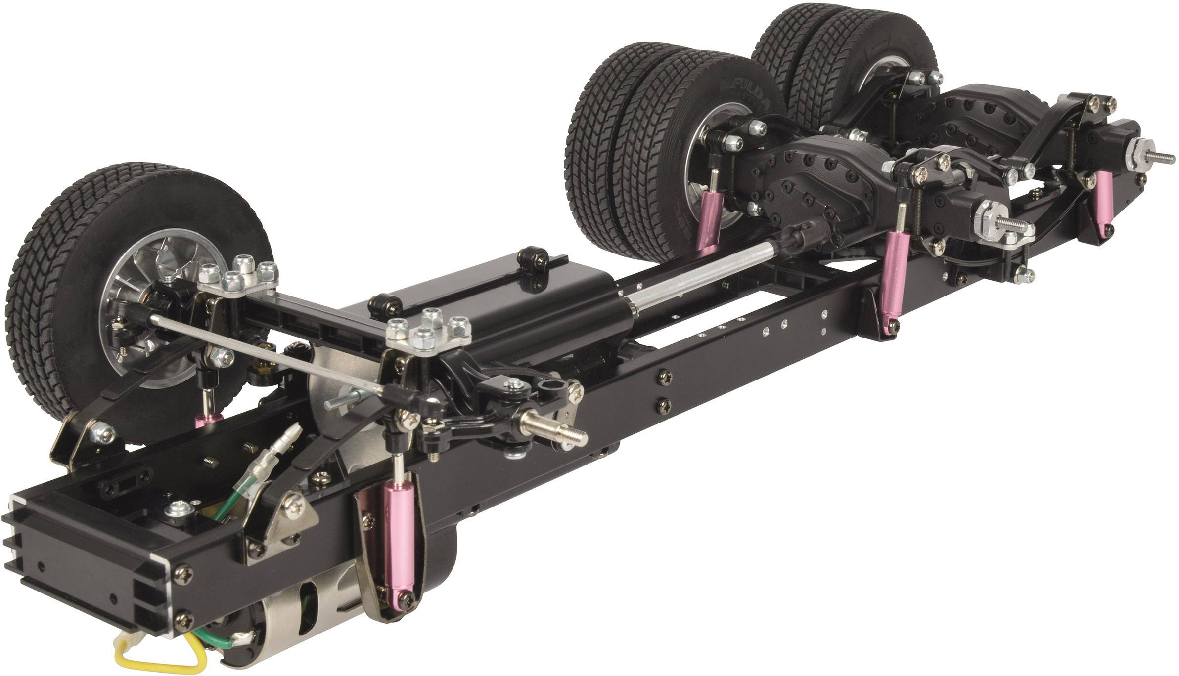 Model podvozku s šesti koly a hydraulickými komponenty, který ukazuje inovativní systém odpružení a náprav.