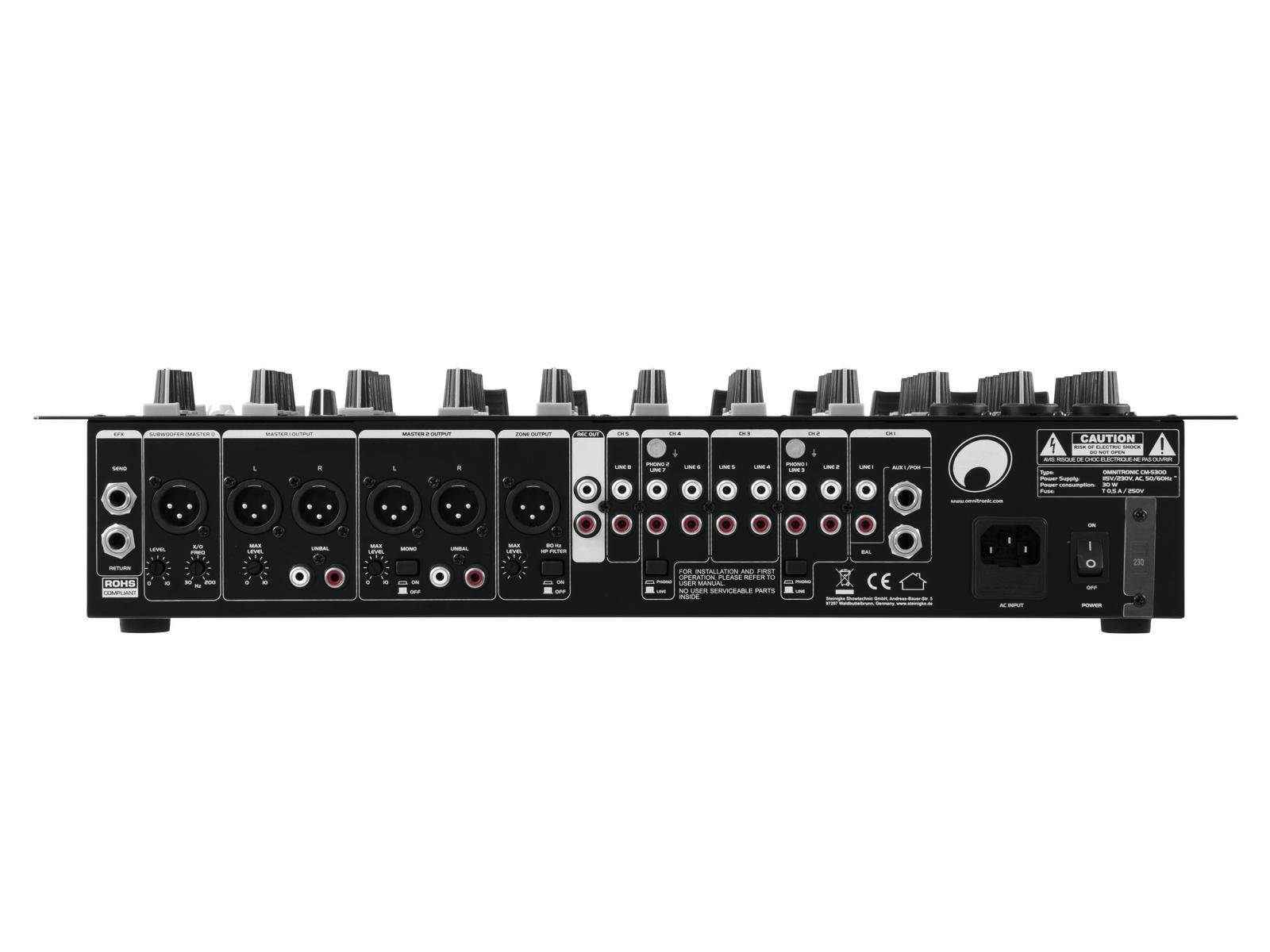 Pohled zezadu na audiovizuální mixážní pult s několika vstupními a výstupními konektory, včetně XLR, jack a cinch konektorů.