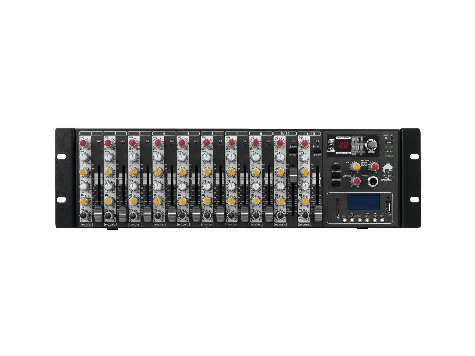 Vícekanálový audio mixážní pult s různými ovládacími prvky a knoflíky pro řízení zvuku, zobrazený čelním pohledem.