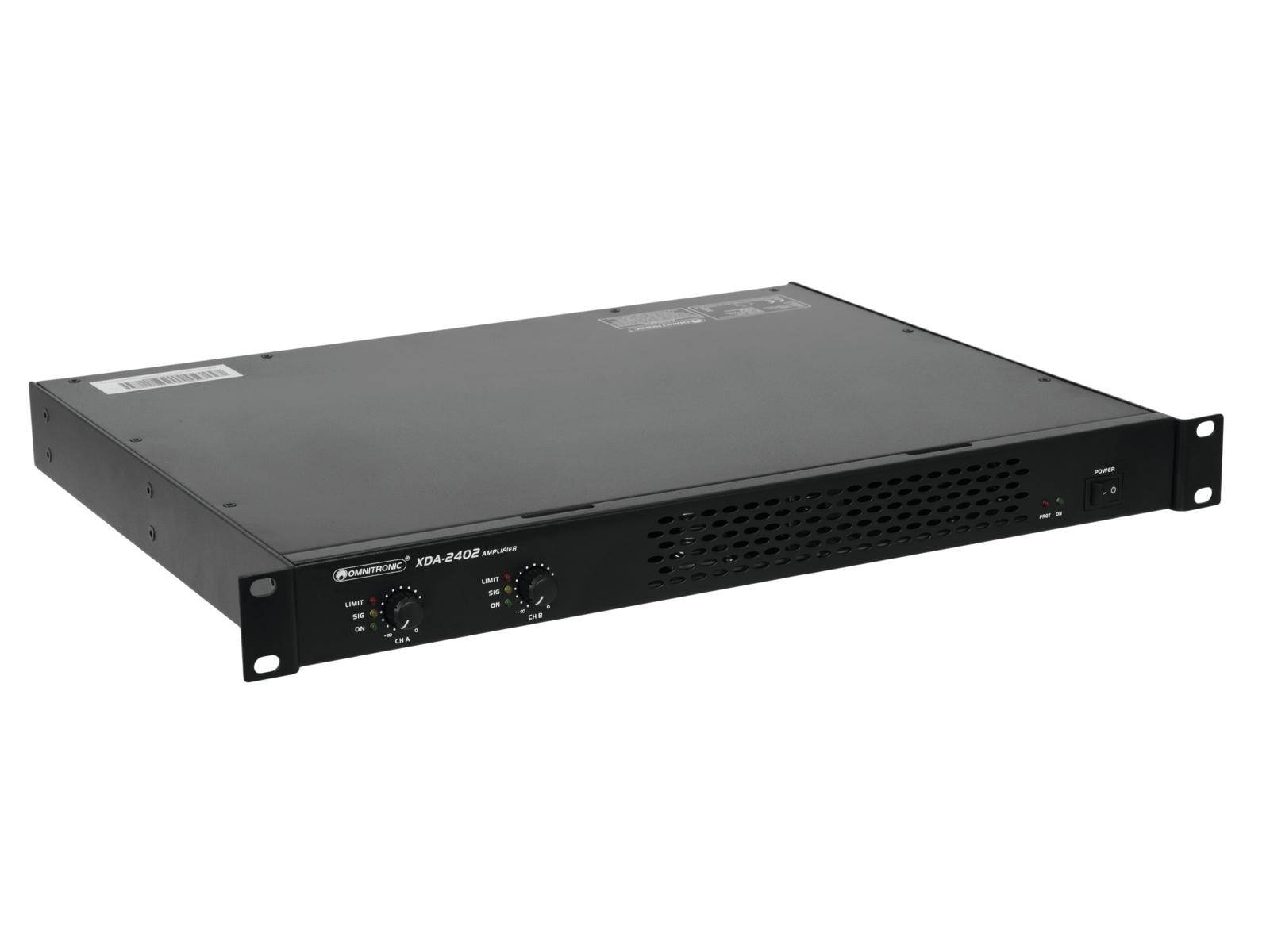Černý rack-mount audiogeník se dvěma otočnými ovladači na přední straně pro nastavení hlasitosti a tónu.
