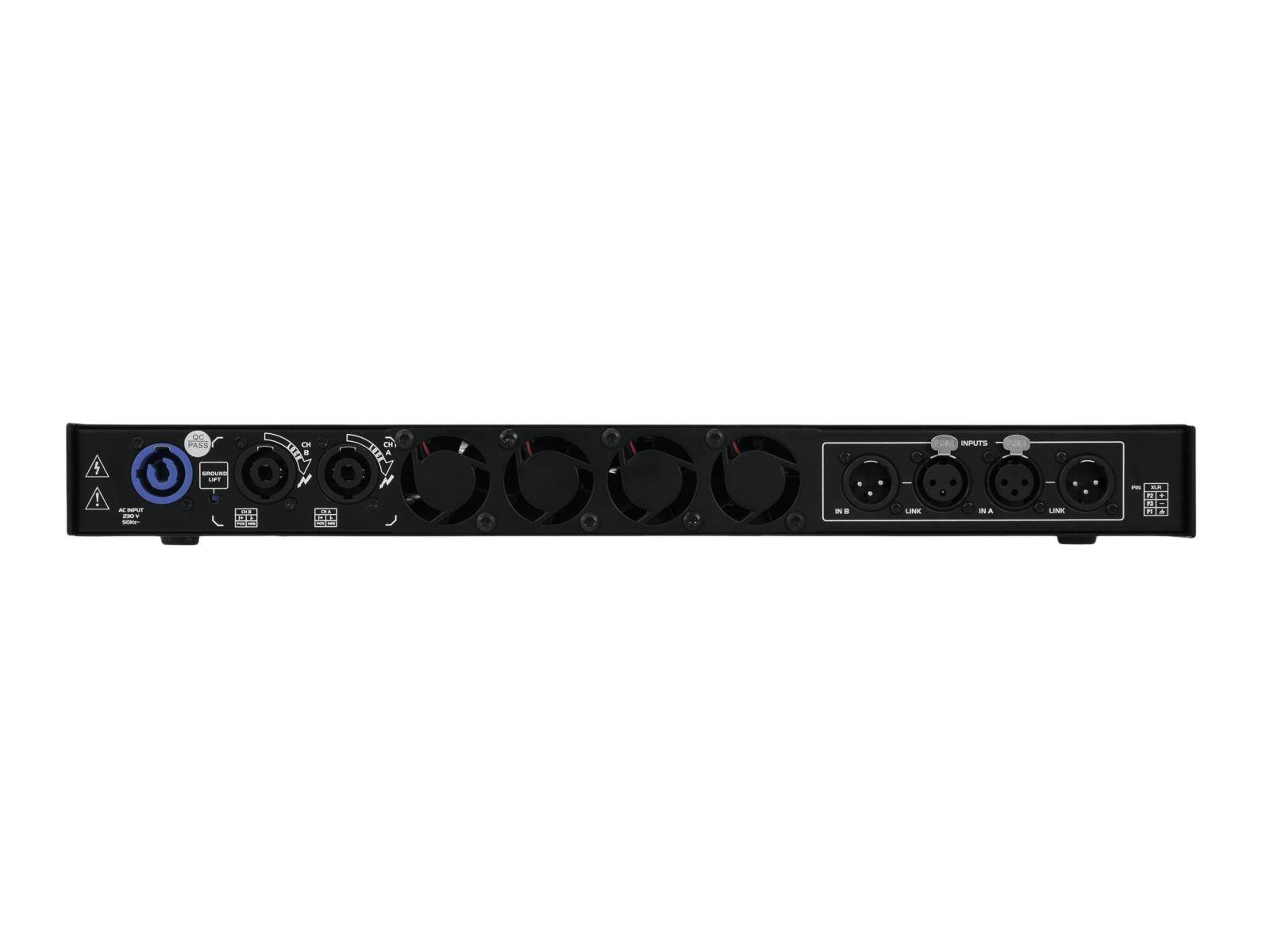 Zadní strana audiorekordéru s připojením napájecího kabelu, XLR vstupy a výstupy a MIDI porty.
