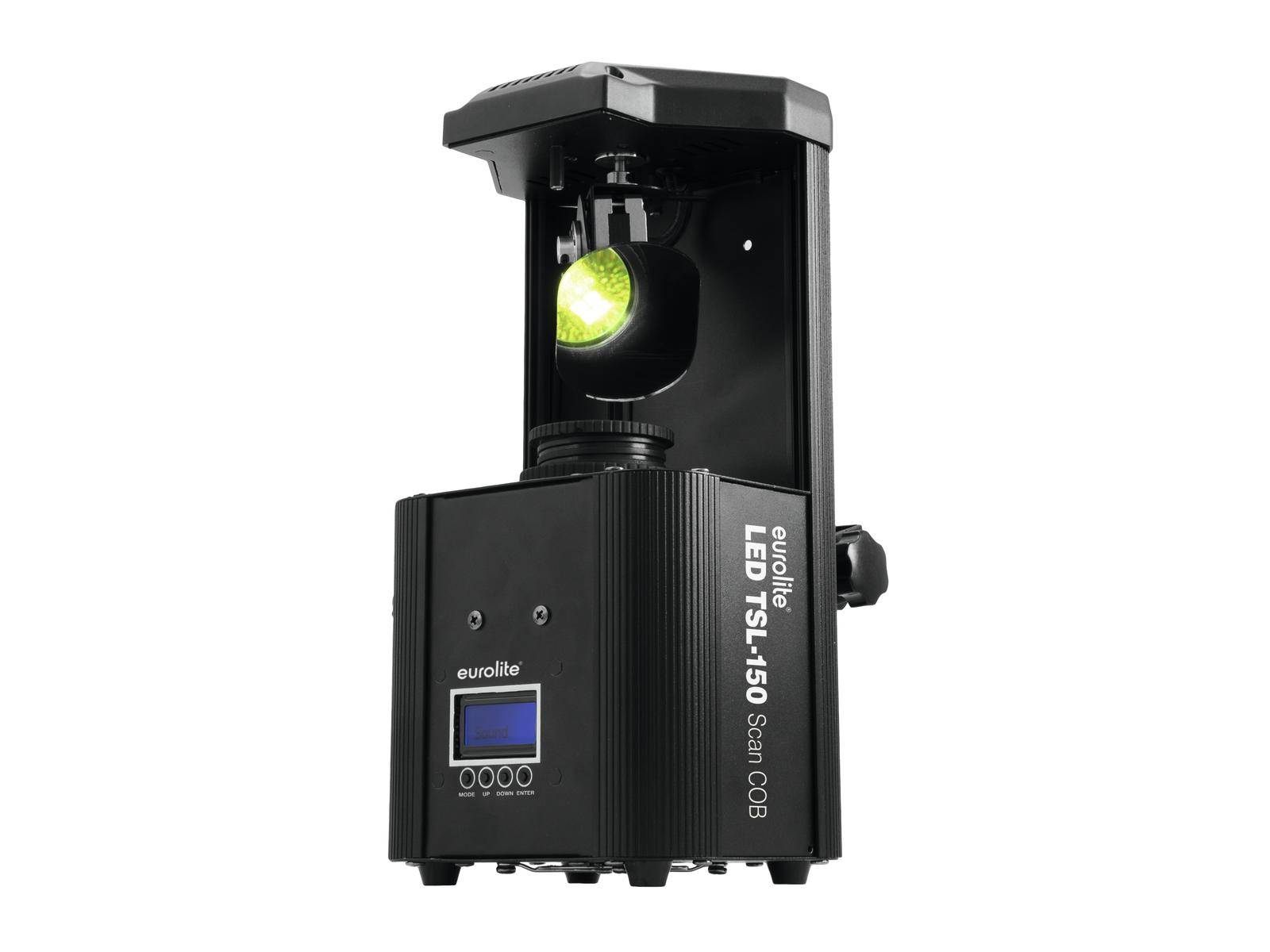 'Eurolite LED TS-150 Scan COB' je osvětlovací zařízení s LED technologií, černým krytem a digitálním displejem pro ovládání.