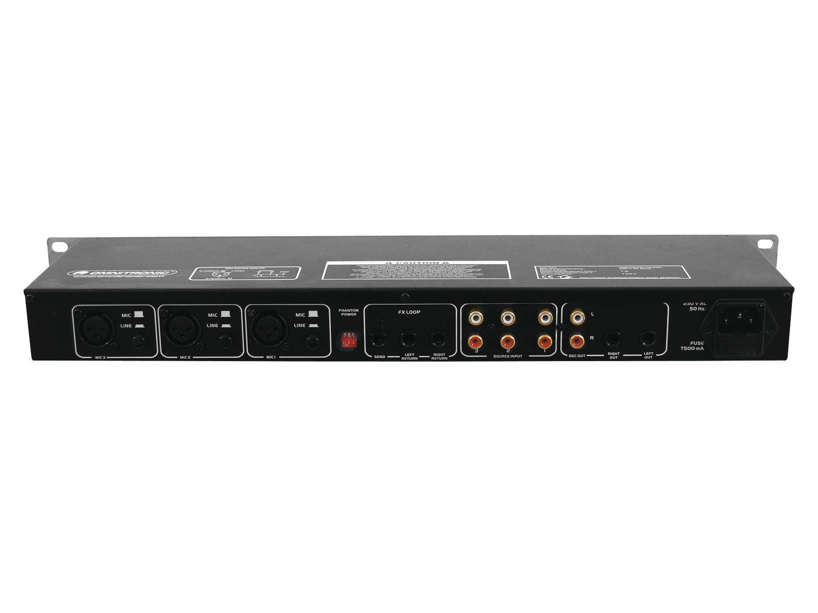 Černé audizařízení s několika vstupy a výstupy vzadu, včetně XLR a RCA konektorů.