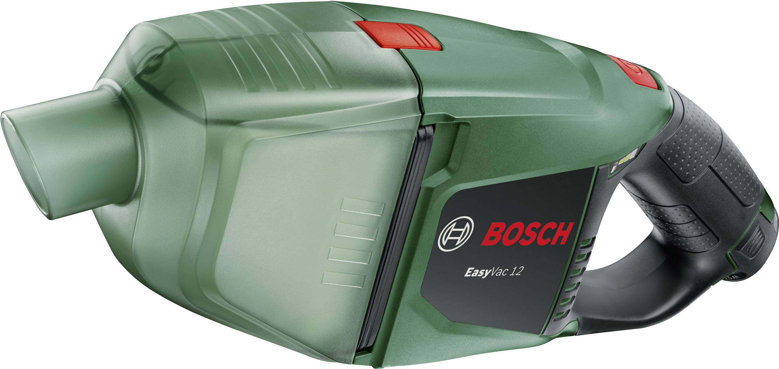 Zelený ruční vysavač značky Bosch s ergonomickou rukojetí. Na straně je napsáno 'EasyVac 12'.