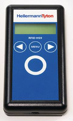Přenosná čtečka RFID od společnosti HellermannTyton s displejem a navigačními tlačítky pro ovládání nabídek.