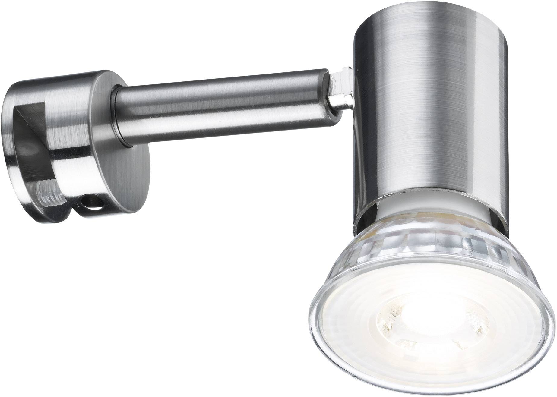 Stříbrná nástěnná lampa s otočným ramenem a průhledným skleněným stínidlem, vhodná pro směrové osvětlení v moderních prostorách.