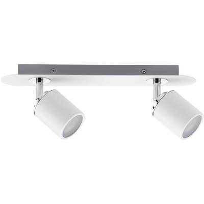 Moderní, minimalistické stropní svítidlo se dvěma bílými nastavitelnými reflektory na obdélníkové kovové základně.
