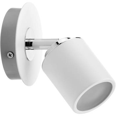 Bílá nástěnná lampa s válcovým stínidlem, nastavitelná kloubovým mechanismem. Ideální pro směrové osvětlení v interiéru.