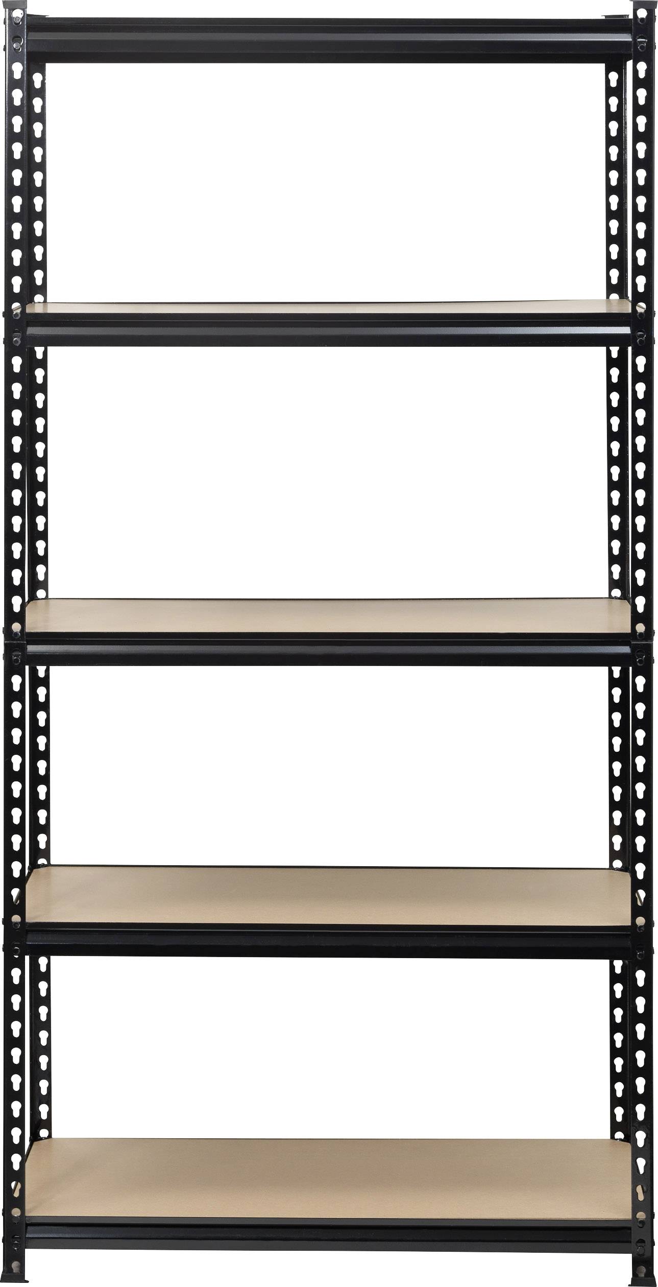 Černý kovový regál s pěti prázdnými dřevěnými policemi, ideální pro uskladnění v garážích nebo skladovacích prostorech.