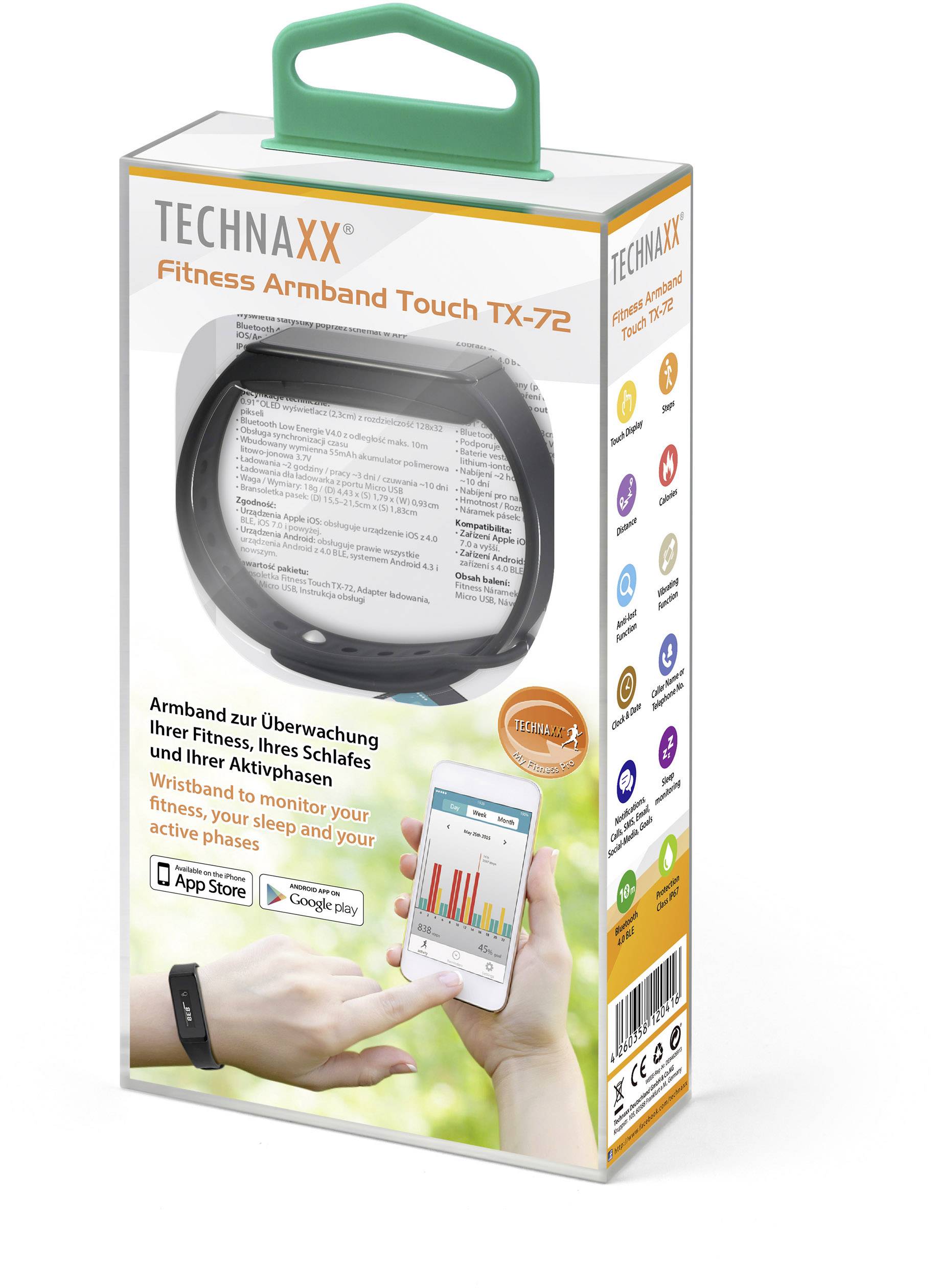 Balení fitness náramku Technaxx Touch TX-72 s ilustracemi produktu. Text popisuje funkce pro sledování fitness aktivity a spánku.