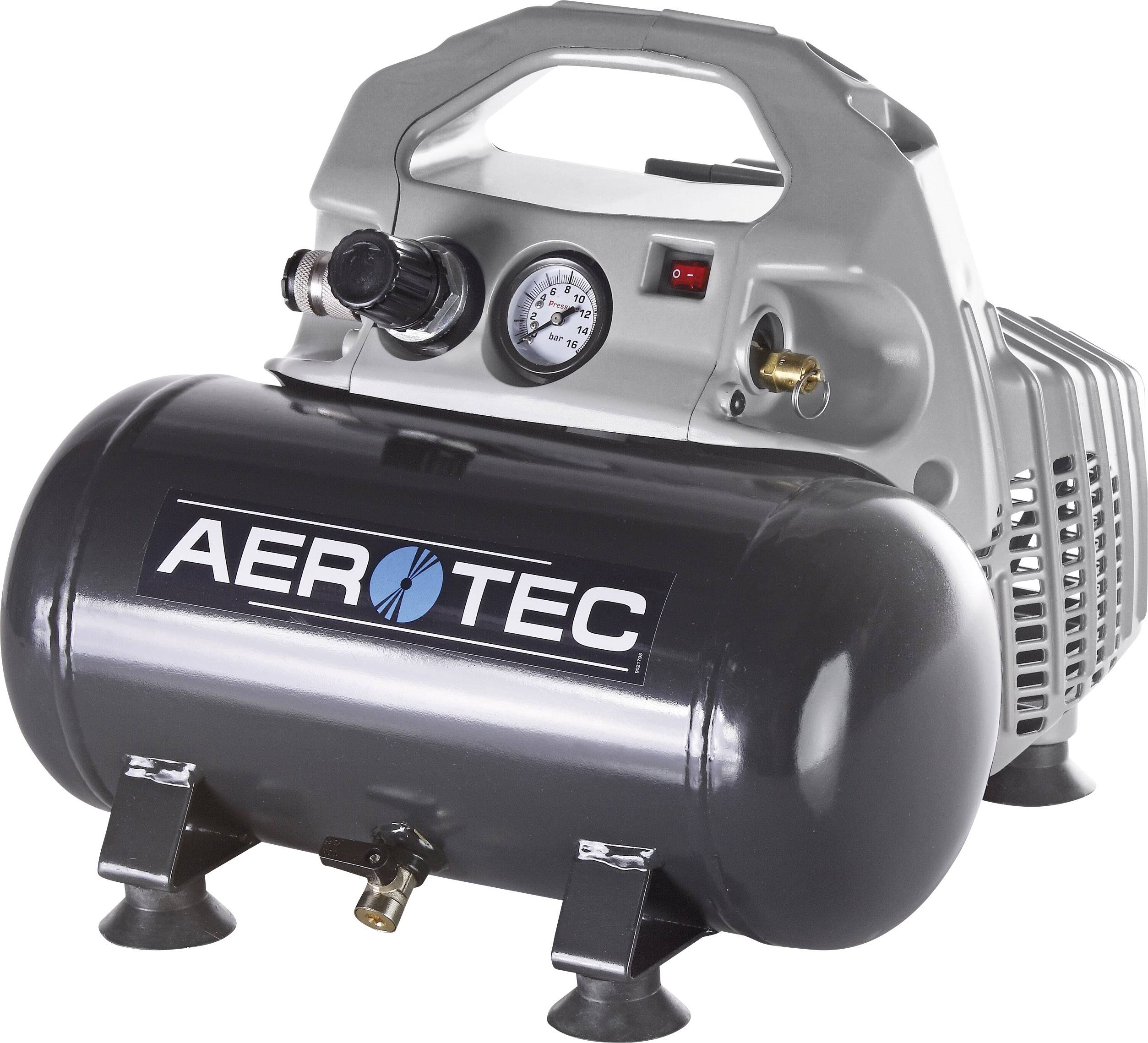 Přenosný vzduchový kompresor s manometrem a černou nádrží. Na nádrži je viditelné firemní logo 'AEROTEC'.