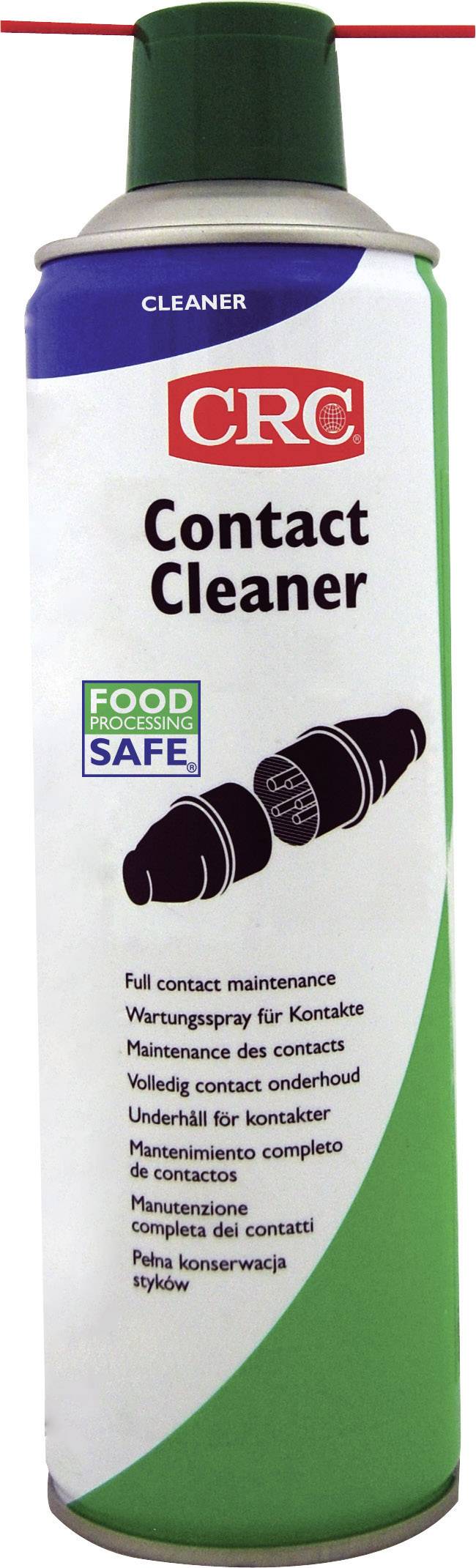 "Dávka kontaktního čističe od CRC, označená štítkem "Food Safe" ve více jazycích, určená pro ošetření kontaktů."