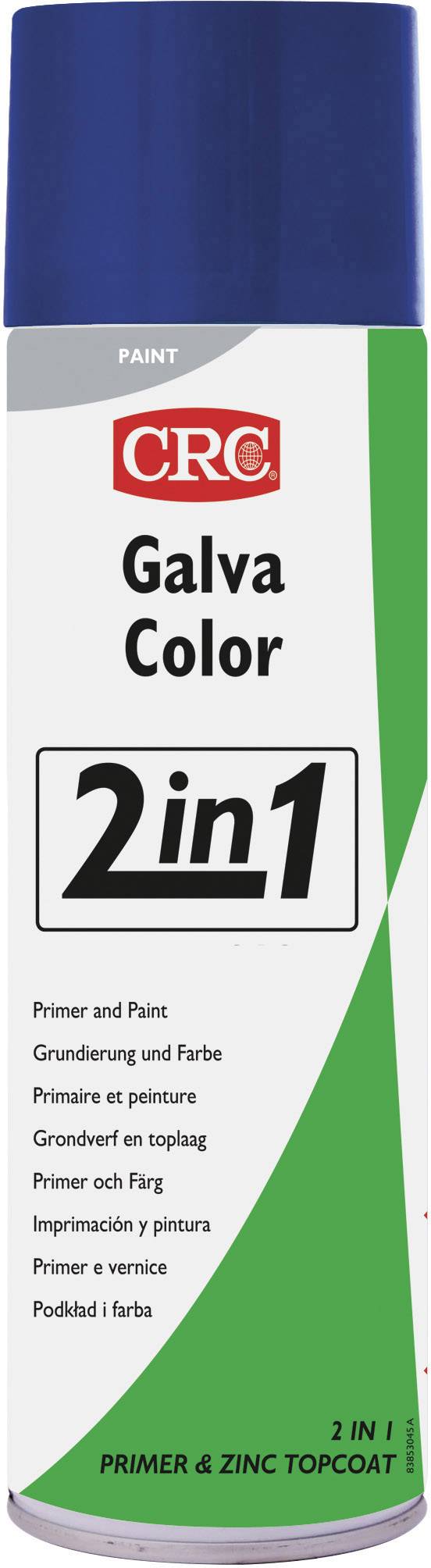 Sprej značky 'CRC', označený jako 'Galva Color 2in1', nabízí základní nátěr a barvu v jednom produktu.