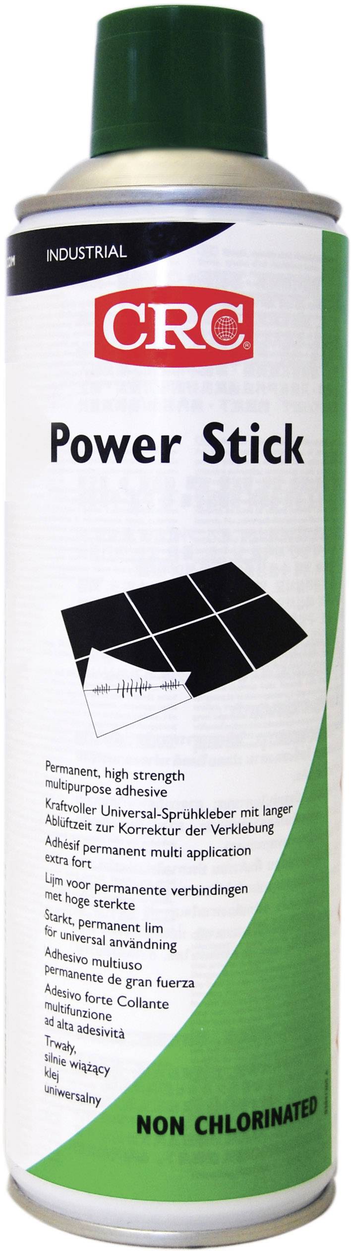 Sprej s nápisem 'CRC Power Stick'. Průmyslový produkt pro silné, trvalé lepené spoje.