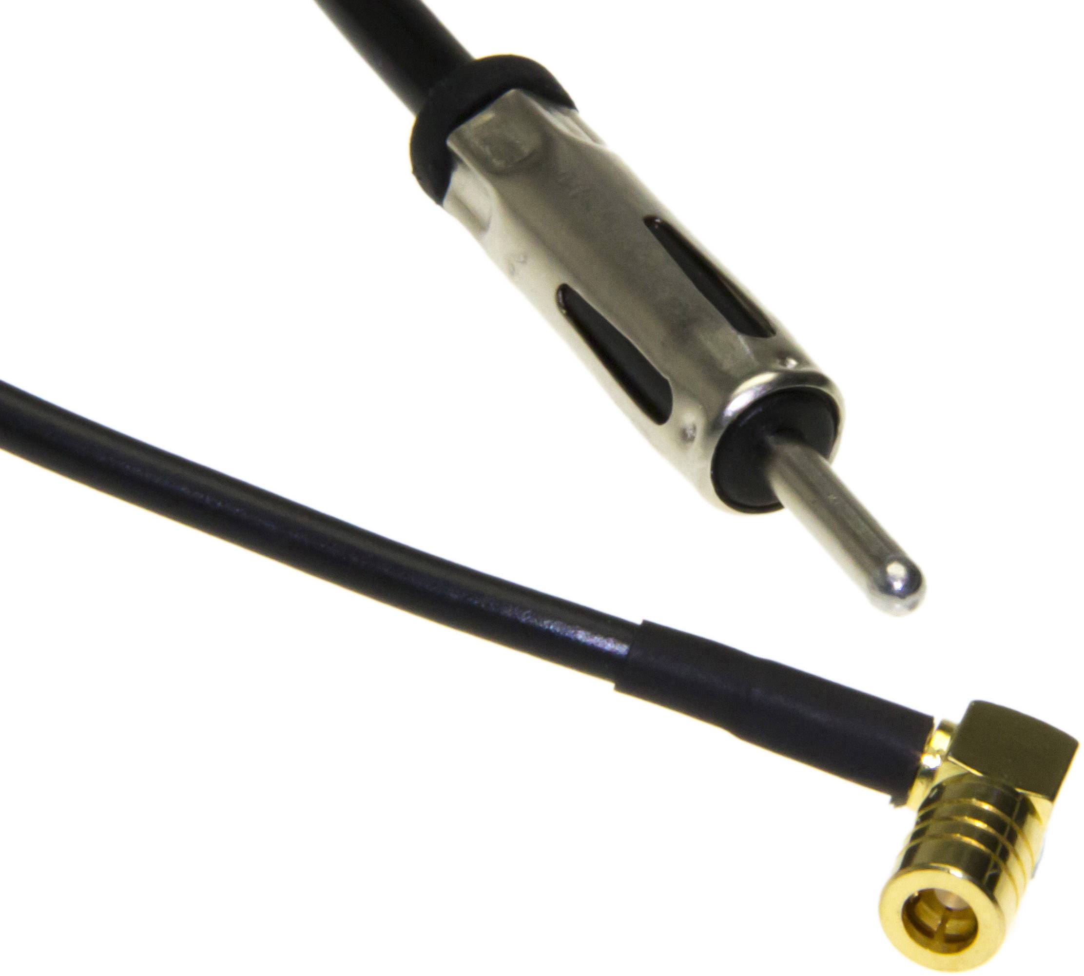 Koaxiální kabel se stříbrným koaxiálním konektorem a zlatým úhlovým konektorem.