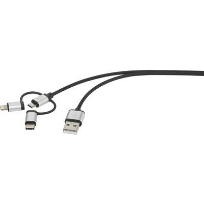 Trojitý USB nabíjecí kabel s konektory USB-C, Lightning a Micro-USB pro všestranné možnosti nabíjení.